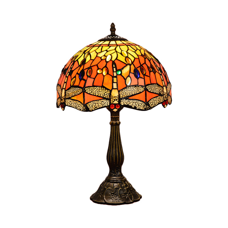 Dragonfly Table Light 1-Head Stained Art Glass Tiffany Night Lamp in White/Yellow/Orange for Living Room Clearhalo 'Lamps' 'Table Lamps' Lighting' 889284