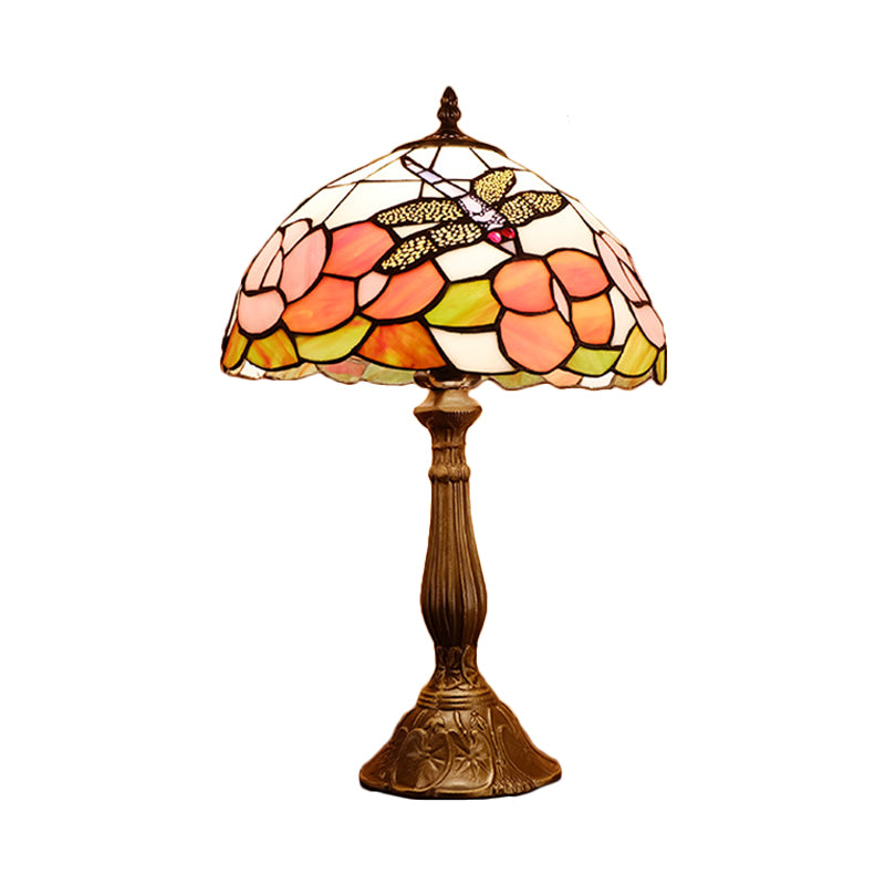 1-Light Nightstand Lamp Tiffany Dragonfly on Rose Orange/Pink/Beige Table Lighting with Bowl Shade Clearhalo 'Lamps' 'Table Lamps' Lighting' 889306