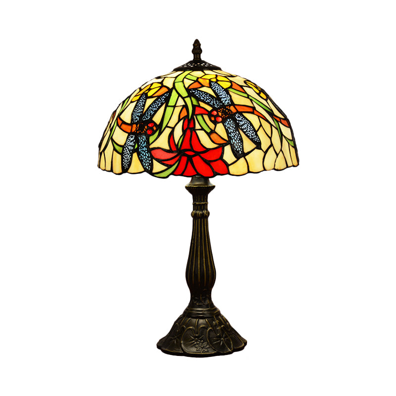 Dragonflies and Flower Table Light Tiffany Stained Glass 1 Head Bronze Nightstand Lamp Clearhalo 'Lamps' 'Table Lamps' Lighting' 889313