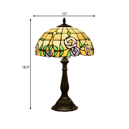 1-Head Bedside Nightstand Lamp Tiffany Bronze Table Light with Rose Patterned Grid Stained Glass Shade Clearhalo 'Lamps' 'Table Lamps' Lighting' 889326