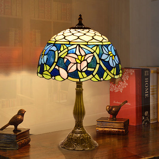 Daffodils Blue Glass Night Light Mediterranean 1-Light Bronze Table Lighting with Fishscale Element Clearhalo 'Lamps' 'Table Lamps' Lighting' 889340