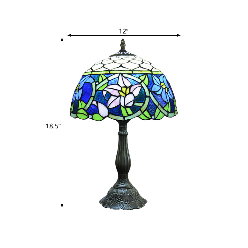 Daffodils Blue Glass Night Light Mediterranean 1-Light Bronze Table Lighting with Fishscale Element Clearhalo 'Lamps' 'Table Lamps' Lighting' 889342