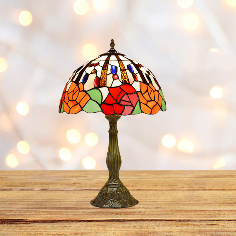 Victorian Style Flower Table Lamp 1 Head Red/Orange Stained Glass Nightstand Light for Bedroom Clearhalo 'Lamps' 'Table Lamps' Lighting' 889352