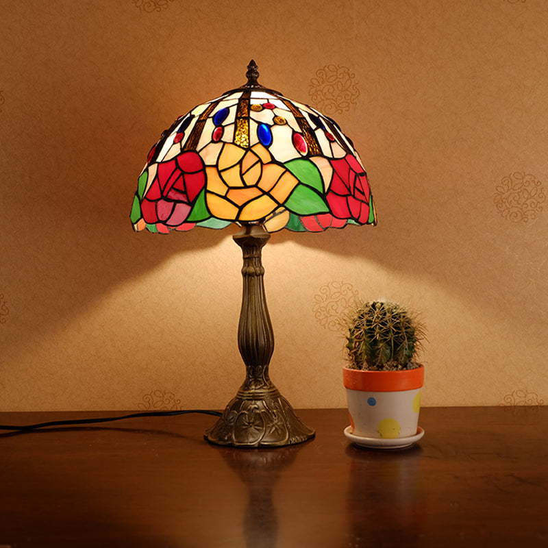 Victorian Style Flower Table Lamp 1 Head Red/Orange Stained Glass Nightstand Light for Bedroom Clearhalo 'Lamps' 'Table Lamps' Lighting' 889353