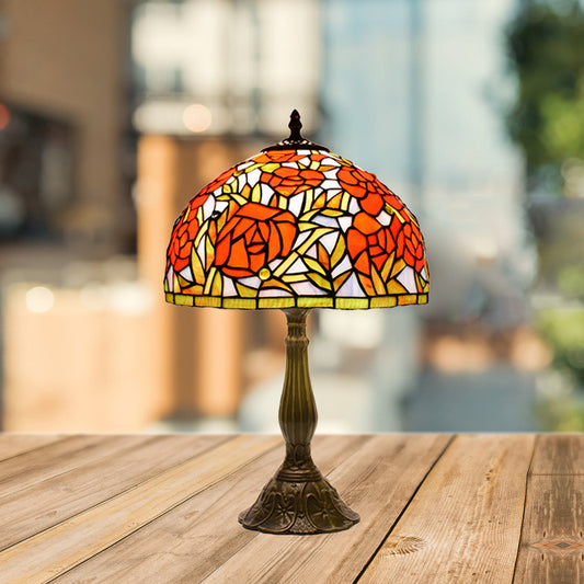 Peony Blossom Table Light Tiffany Handcrafted Pink/Orange Glass Single Bronze Night Lamp Orange Clearhalo 'Lamps' 'Table Lamps' Lighting' 889359