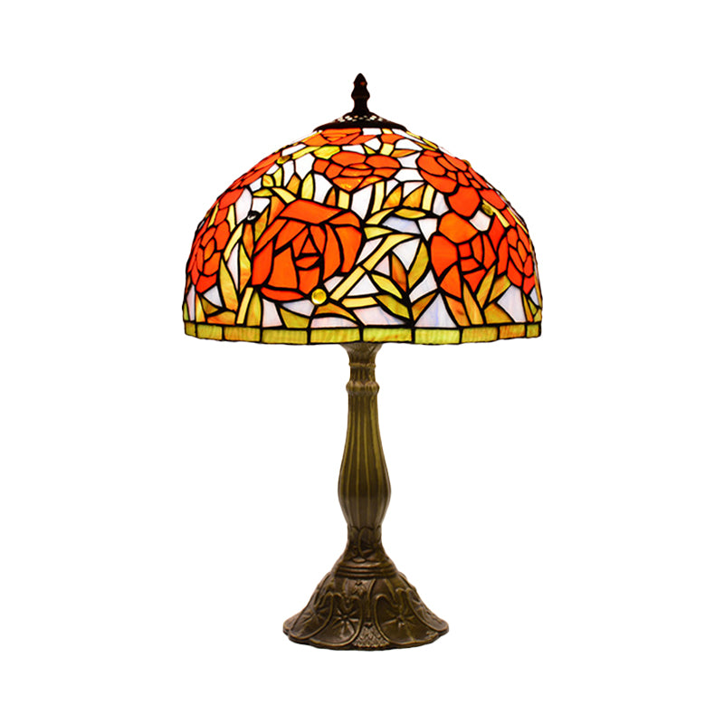 Peony Blossom Table Light Tiffany Handcrafted Pink/Orange Glass Single Bronze Night Lamp Clearhalo 'Lamps' 'Table Lamps' Lighting' 889360