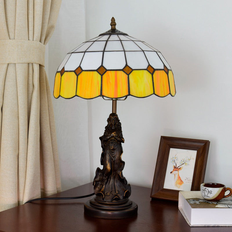 Resin Bronze Night Stand Light Angel Girl 1 Head Vintage Table Lamp with Orange and White Grid Glass Shade Orange-White Clearhalo 'Lamps' 'Table Lamps' Lighting' 889367