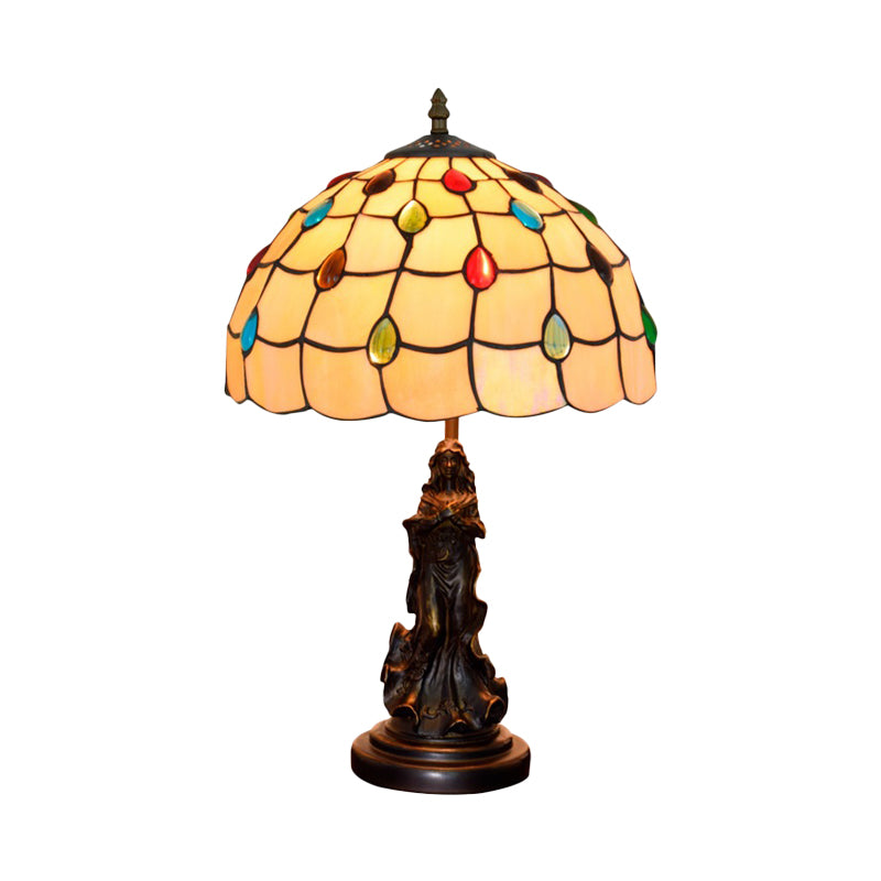Cabochons-Embellished Grid Night Light 1-Light White/Beige Glass Tiffany Table Lamp with Angel Decor Clearhalo 'Lamps' 'Table Lamps' Lighting' 889376