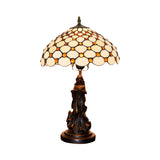 Cabochons-Embellished Grid Night Light 1-Light White/Beige Glass Tiffany Table Lamp with Angel Decor Clearhalo 'Lamps' 'Table Lamps' Lighting' 889381