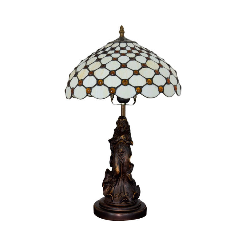 Cabochons-Embellished Grid Night Light 1-Light White/Beige Glass Tiffany Table Lamp with Angel Decor Clearhalo 'Lamps' 'Table Lamps' Lighting' 889382