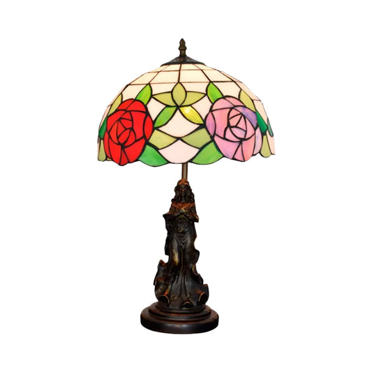 Bronze Beauty Nightstand Light Tiffany 1-Bulb Resin Table Lamp with Floral Pink/Purple Glass Shade Clearhalo 'Lamps' 'Table Lamps' Lighting' 889388