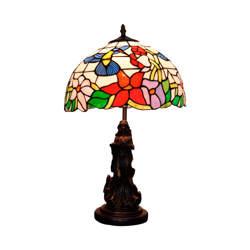 Magpie/Flower Patterned Dome Night Lamp Tiffany White/Beige Stained Glass 1 Head Bronze Table Light with Angel Pedestal Clearhalo 'Lamps' 'Table Lamps' Lighting' 889396