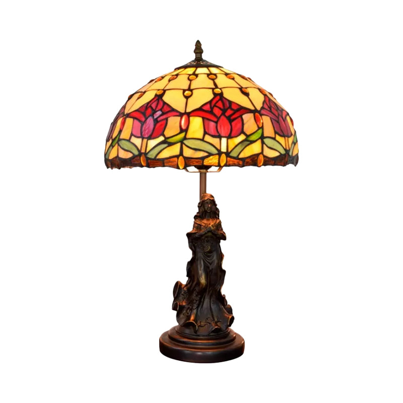 Magpie/Flower Patterned Dome Night Lamp Tiffany White/Beige Stained Glass 1 Head Bronze Table Light with Angel Pedestal Clearhalo 'Lamps' 'Table Lamps' Lighting' 889401