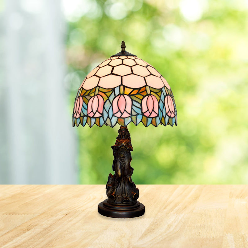 1 Bulb Honeycomb Shade Table Light Tiffany Bronze Stained Glass Nightstand Lamp with Rose Edge and Angel Base Bronze Clearhalo 'Lamps' 'Table Lamps' Lighting' 889403