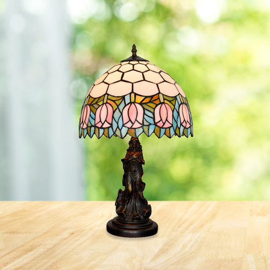 1 Bulb Honeycomb Shade Table Light Tiffany Bronze Stained Glass Nightstand Lamp with Rose Edge and Angel Base Bronze Clearhalo 'Lamps' 'Table Lamps' Lighting' 889403