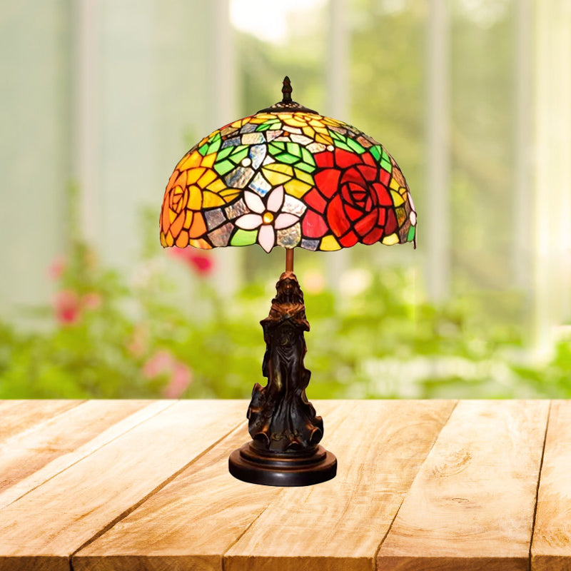 Stained Art Glass Red/Orange Night Light Flowering Single Bulb Tiffany-Style Table Lamp with Angel Statue Red Clearhalo 'Lamps' 'Table Lamps' Lighting' 889407