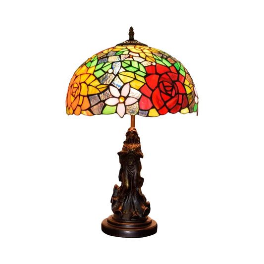 Stained Art Glass Red/Orange Night Light Flowering Single Bulb Tiffany-Style Table Lamp with Angel Statue Clearhalo 'Lamps' 'Table Lamps' Lighting' 889408