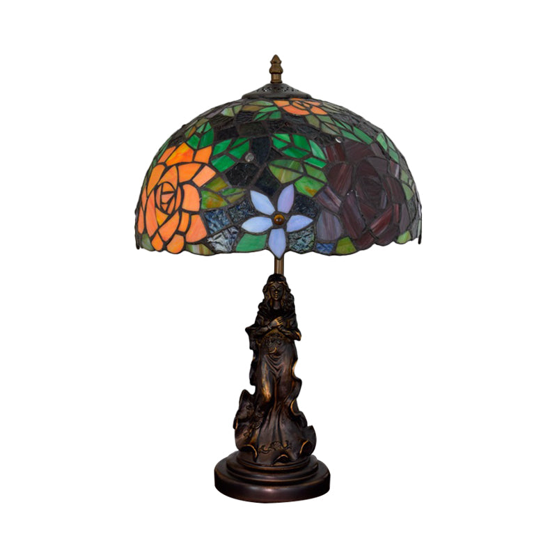 Stained Art Glass Red/Orange Night Light Flowering Single Bulb Tiffany-Style Table Lamp with Angel Statue Clearhalo 'Lamps' 'Table Lamps' Lighting' 889409