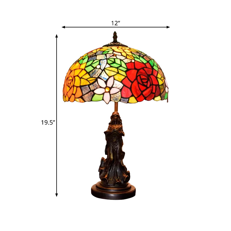 Stained Art Glass Red/Orange Night Light Flowering Single Bulb Tiffany-Style Table Lamp with Angel Statue Clearhalo 'Lamps' 'Table Lamps' Lighting' 889410