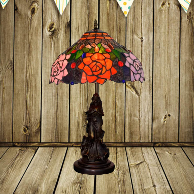 Stained Art Glass Red/Orange Night Light Flowering Single Bulb Tiffany-Style Table Lamp with Angel Statue Orange Clearhalo 'Lamps' 'Table Lamps' Lighting' 889411