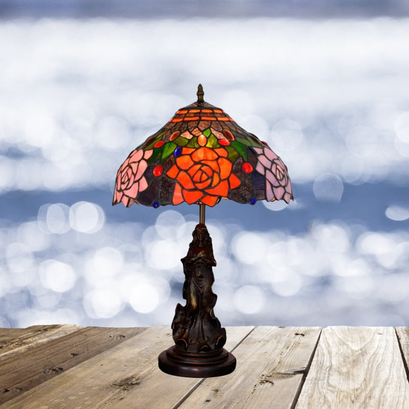 Stained Art Glass Red/Orange Night Light Flowering Single Bulb Tiffany-Style Table Lamp with Angel Statue Clearhalo 'Lamps' 'Table Lamps' Lighting' 889412
