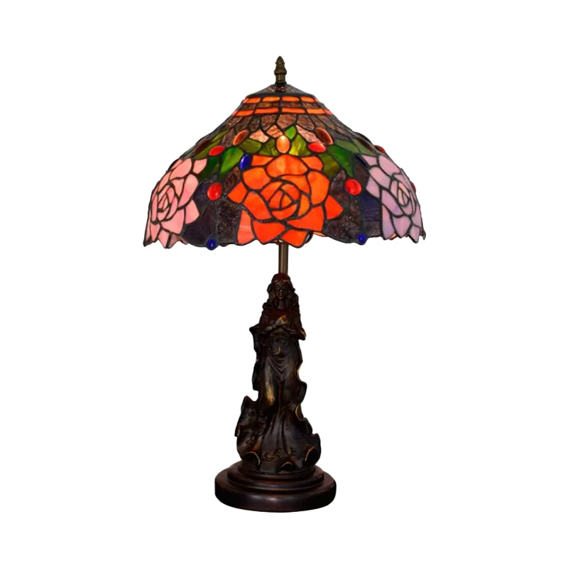 Stained Art Glass Red/Orange Night Light Flowering Single Bulb Tiffany-Style Table Lamp with Angel Statue Clearhalo 'Lamps' 'Table Lamps' Lighting' 889413