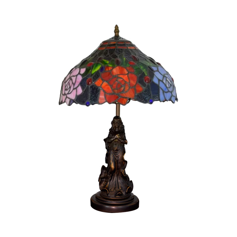 Stained Art Glass Red/Orange Night Light Flowering Single Bulb Tiffany-Style Table Lamp with Angel Statue Clearhalo 'Lamps' 'Table Lamps' Lighting' 889414