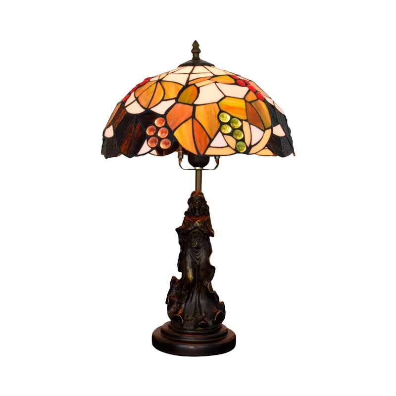 Tiffany Glass Grapes Table Lamp Baroque 1-Bulb Brown/Green/White-Brown Night Stand Light with Girl Base Clearhalo 'Lamps' 'Table Lamps' Lighting' 889416