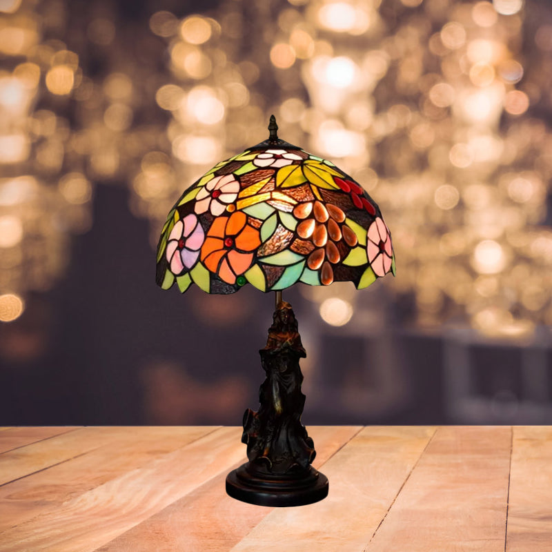 Tiffany Glass Grapes Table Lamp Baroque 1-Bulb Brown/Green/White-Brown Night Stand Light with Girl Base Clearhalo 'Lamps' 'Table Lamps' Lighting' 889424