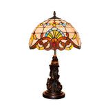 Beige/Blue Stained Glass Dome Table Light Tiffany Style 1 Bulb Bronze Nightstand Lamp with Angel Decoration Clearhalo 'Lamps' 'Table Lamps' Lighting' 889432