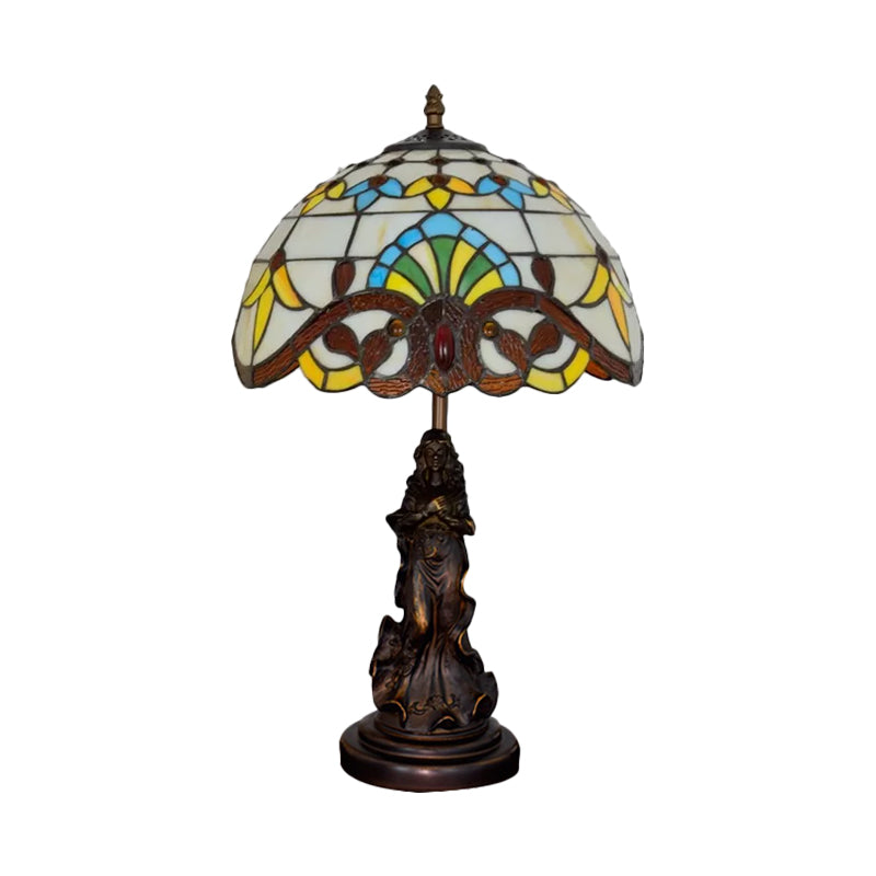 Beige/Blue Stained Glass Dome Table Light Tiffany Style 1 Bulb Bronze Nightstand Lamp with Angel Decoration Clearhalo 'Lamps' 'Table Lamps' Lighting' 889433
