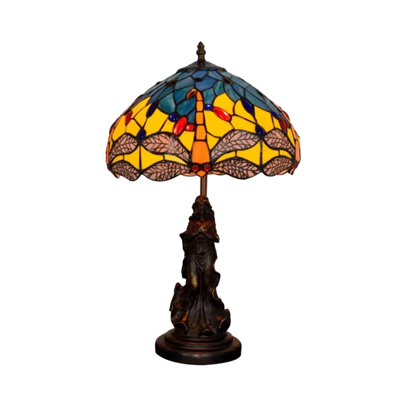 Mediterranean Dragonfly-Flower Table Lamp Single Blue/Yellow/Blue-White Night Stand Light with Angel Pedestal Clearhalo 'Lamps' 'Table Lamps' Lighting' 889453