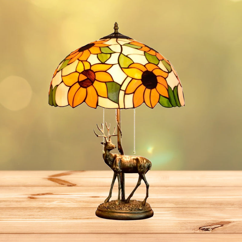 Red/Orange Glass Floral Nightstand Lamp Tiffany 2-Bulb Bronze Table Lighting with Sika Deer Statue and Pull Chain Orange Clearhalo 'Lamps' 'Table Lamps' Lighting' 889463