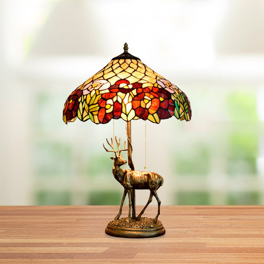 2 Lights Tapered Flower-Trim Table Lamp Tiffany Bronze Stained Glass Pull-Chain Night Light with Sculptured Elk Bronze Clearhalo 'Lamps' 'Table Lamps' Lighting' 889467