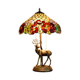 2 Lights Tapered Flower-Trim Table Lamp Tiffany Bronze Stained Glass Pull-Chain Night Light with Sculptured Elk Clearhalo 'Lamps' 'Table Lamps' Lighting' 889468