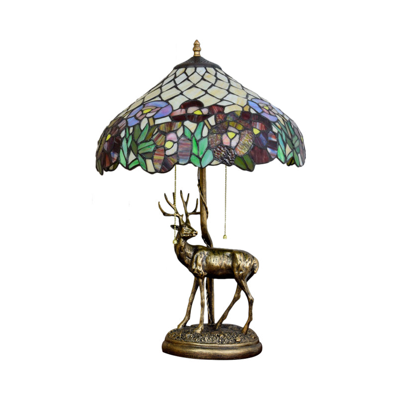 2 Lights Tapered Flower-Trim Table Lamp Tiffany Bronze Stained Glass Pull-Chain Night Light with Sculptured Elk Clearhalo 'Lamps' 'Table Lamps' Lighting' 889469