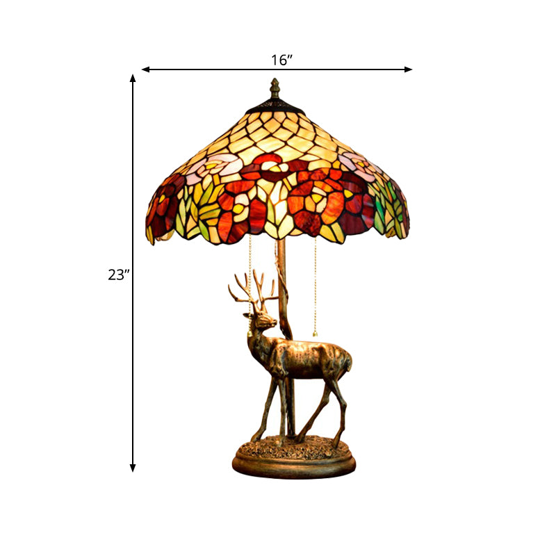 2 Lights Tapered Flower-Trim Table Lamp Tiffany Bronze Stained Glass Pull-Chain Night Light with Sculptured Elk Clearhalo 'Lamps' 'Table Lamps' Lighting' 889470