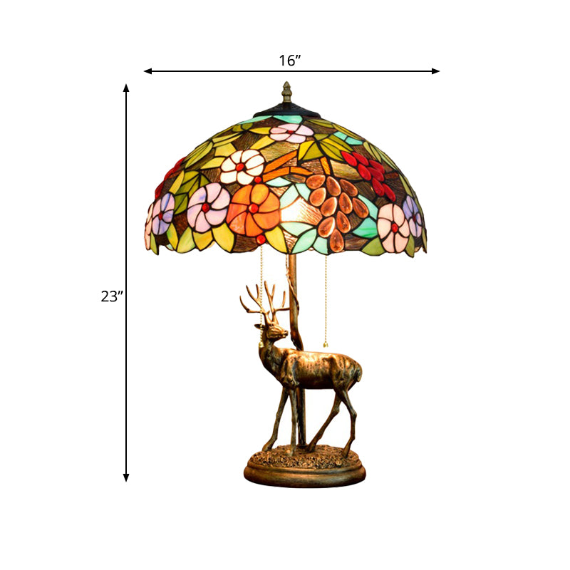 2-Bulb Pull Chain Nightstand Lamp Tiffany Grapes and Morning Glory/Leaf Green/Brown Glass Table Light with Resin Deer Base Clearhalo 'Lamps' 'Table Lamps' Lighting' 889474