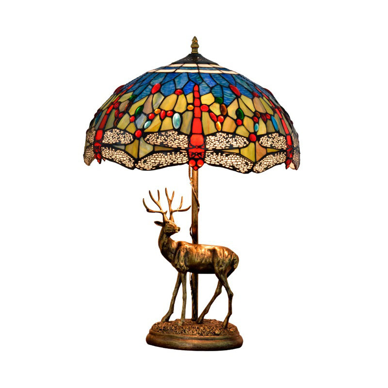 Dragonfly Stained Glass Night Light Mediterranean 2-Bulb Yellow/Orange/Green Table Lamp with Pull Chain and Elk Decor Clearhalo 'Lamps' 'Table Lamps' Lighting' 889505