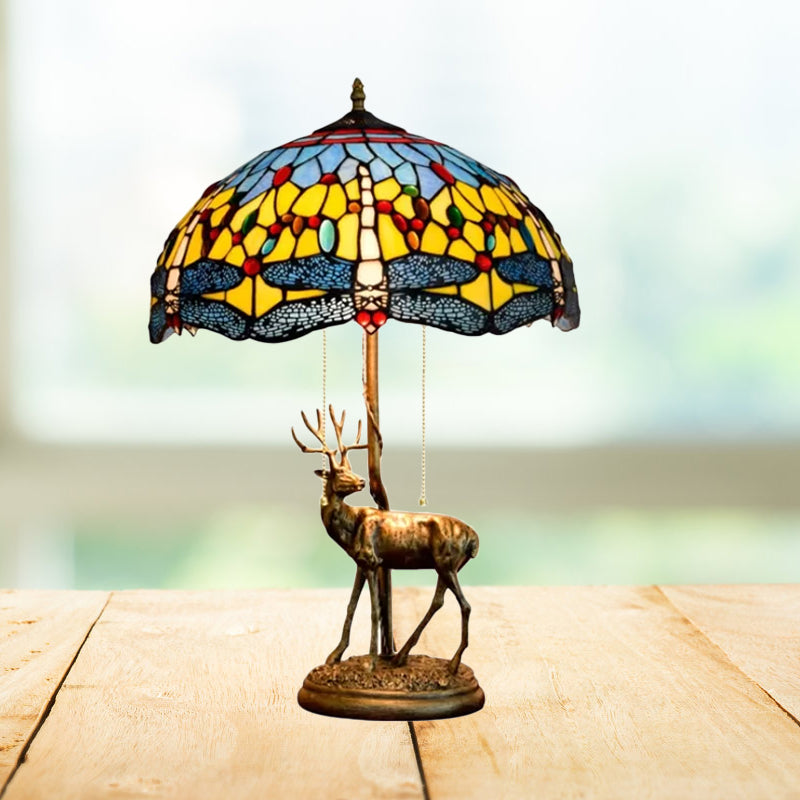 Dragonfly Stained Glass Night Light Mediterranean 2-Bulb Yellow/Orange/Green Table Lamp with Pull Chain and Elk Decor Yellow Clearhalo 'Lamps' 'Table Lamps' Lighting' 889507