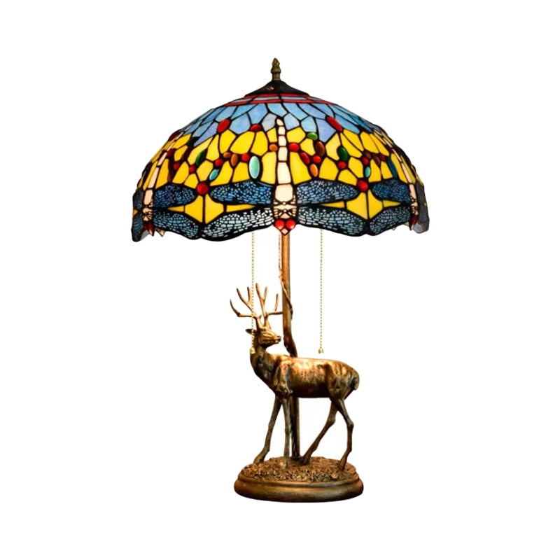 Dragonfly Stained Glass Night Light Mediterranean 2-Bulb Yellow/Orange/Green Table Lamp with Pull Chain and Elk Decor Clearhalo 'Lamps' 'Table Lamps' Lighting' 889509