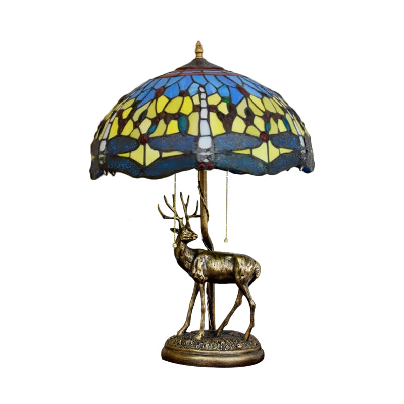 Dragonfly Stained Glass Night Light Mediterranean 2-Bulb Yellow/Orange/Green Table Lamp with Pull Chain and Elk Decor Clearhalo 'Lamps' 'Table Lamps' Lighting' 889510