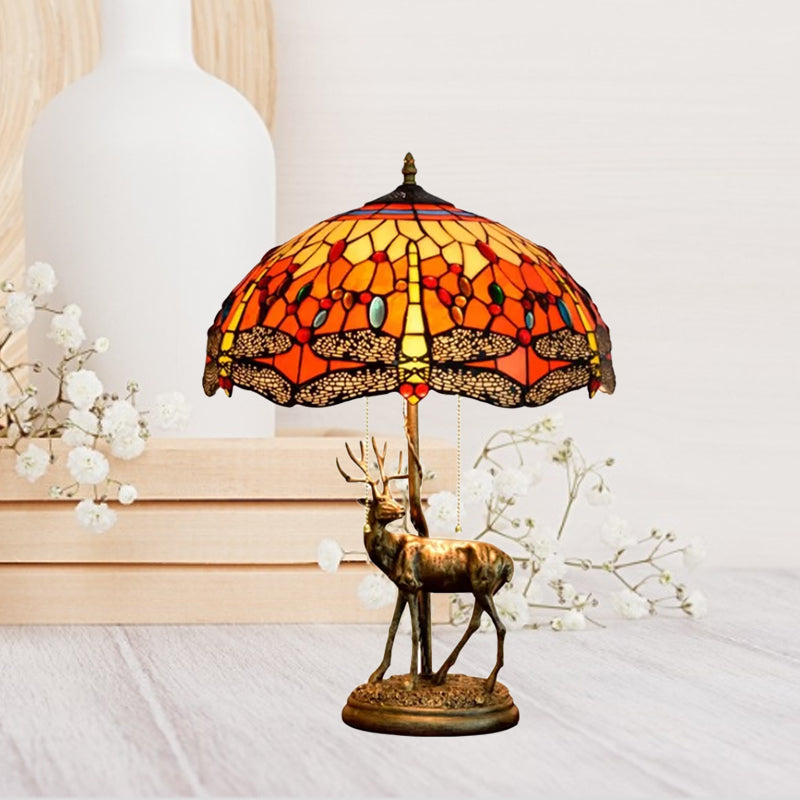 Dragonfly Stained Glass Night Light Mediterranean 2-Bulb Yellow/Orange/Green Table Lamp with Pull Chain and Elk Decor Clearhalo 'Lamps' 'Table Lamps' Lighting' 889512