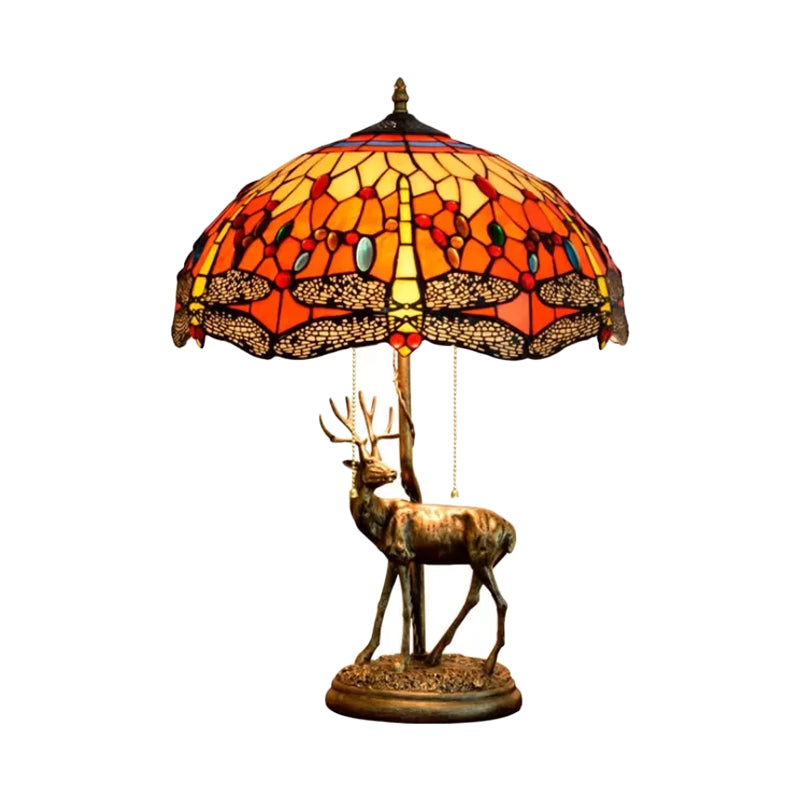 Dragonfly Stained Glass Night Light Mediterranean 2-Bulb Yellow/Orange/Green Table Lamp with Pull Chain and Elk Decor Clearhalo 'Lamps' 'Table Lamps' Lighting' 889513