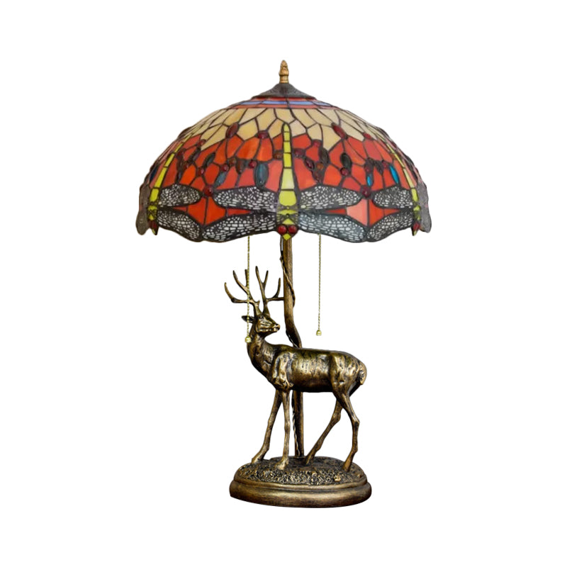 Dragonfly Stained Glass Night Light Mediterranean 2-Bulb Yellow/Orange/Green Table Lamp with Pull Chain and Elk Decor Clearhalo 'Lamps' 'Table Lamps' Lighting' 889514
