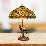 Dragonfly Stained Glass Night Light Mediterranean 2-Bulb Yellow/Orange/Green Table Lamp with Pull Chain and Elk Decor Green Clearhalo 'Lamps' 'Table Lamps' Lighting' 889515
