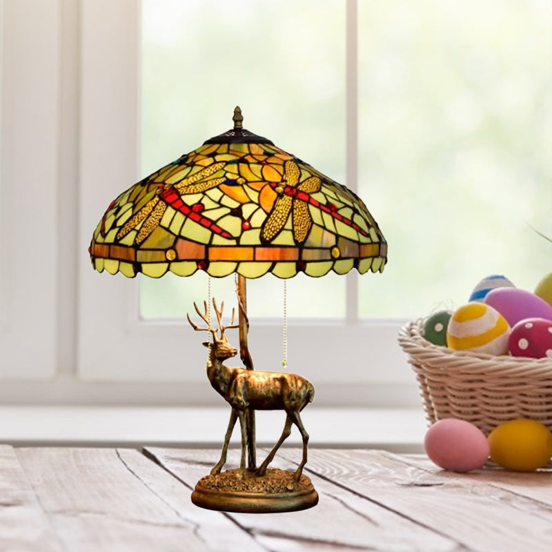 Dragonfly Stained Glass Night Light Mediterranean 2-Bulb Yellow/Orange/Green Table Lamp with Pull Chain and Elk Decor Clearhalo 'Lamps' 'Table Lamps' Lighting' 889516