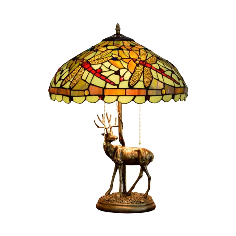 Dragonfly Stained Glass Night Light Mediterranean 2-Bulb Yellow/Orange/Green Table Lamp with Pull Chain and Elk Decor Clearhalo 'Lamps' 'Table Lamps' Lighting' 889517