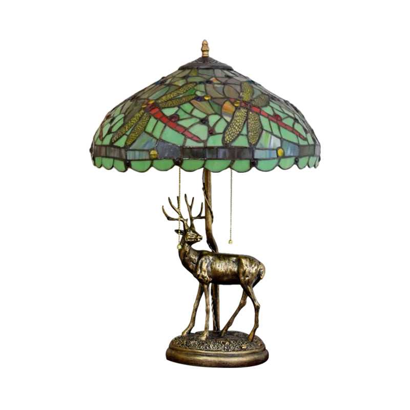 Dragonfly Stained Glass Night Light Mediterranean 2-Bulb Yellow/Orange/Green Table Lamp with Pull Chain and Elk Decor Clearhalo 'Lamps' 'Table Lamps' Lighting' 889518