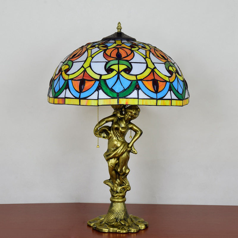 3-Bulb Night Stand Light Baroque Geometric Pattern Bowl Stained Glass Table Lamp with Fisher Girl Statue and Pull Chain Bronze Clearhalo 'Lamps' 'Table Lamps' Lighting' 889531